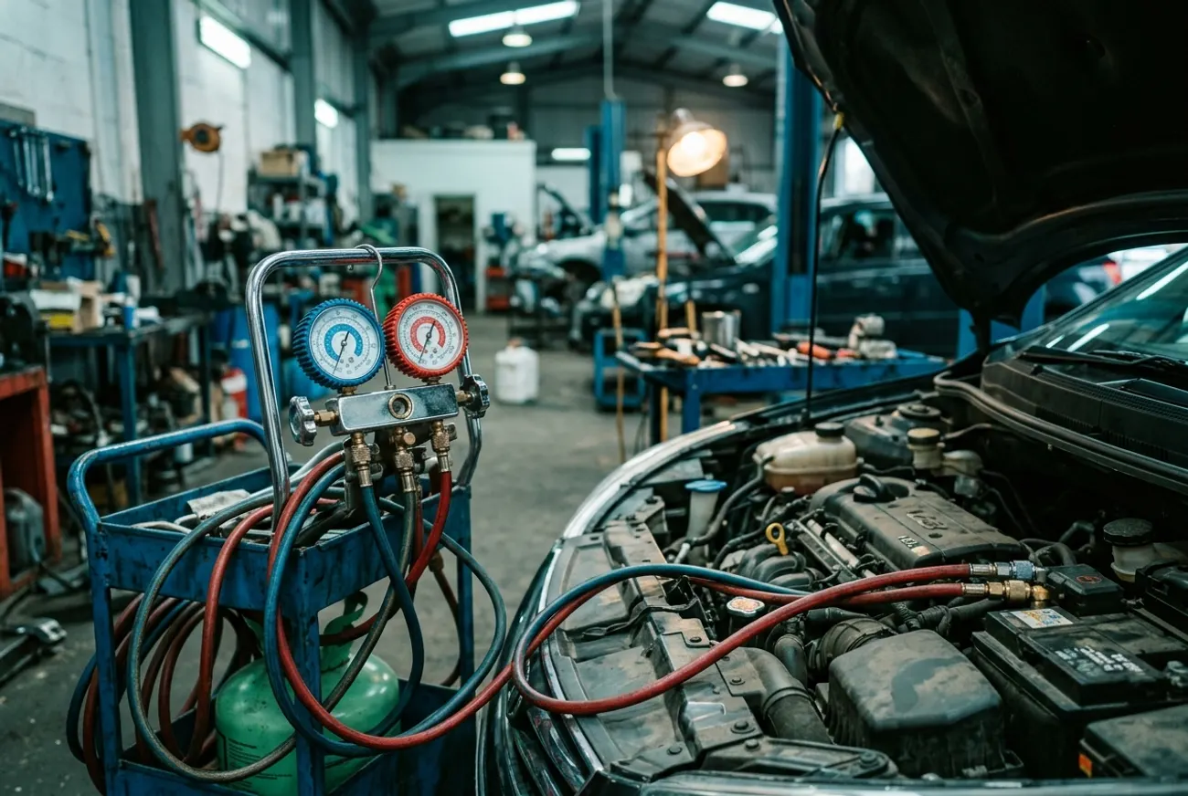 Airco-vulstation met manometers aangesloten op een motorruimte