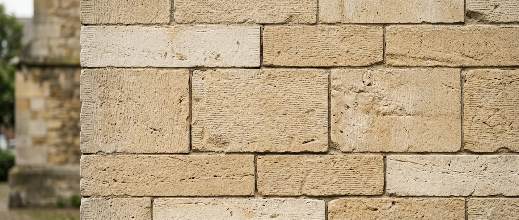 Muur van Limburgse mergelblokken in halfsteens verband
